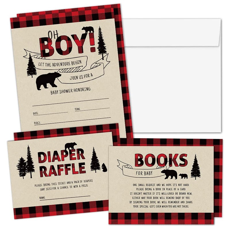 Hat Acrobat Set of 25 Lumberjack Baby Shower Invitations - Rustic Baby Shower Invitations for Boy, Buffalo Plaid Baby Shower Decorations - Oh Boy Baby Shower Invitations with Diaper Raffle Cards, Envelopes - Image 1